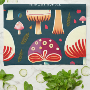 Funny mushroom Red White Watercolor Pattern Tea Towel