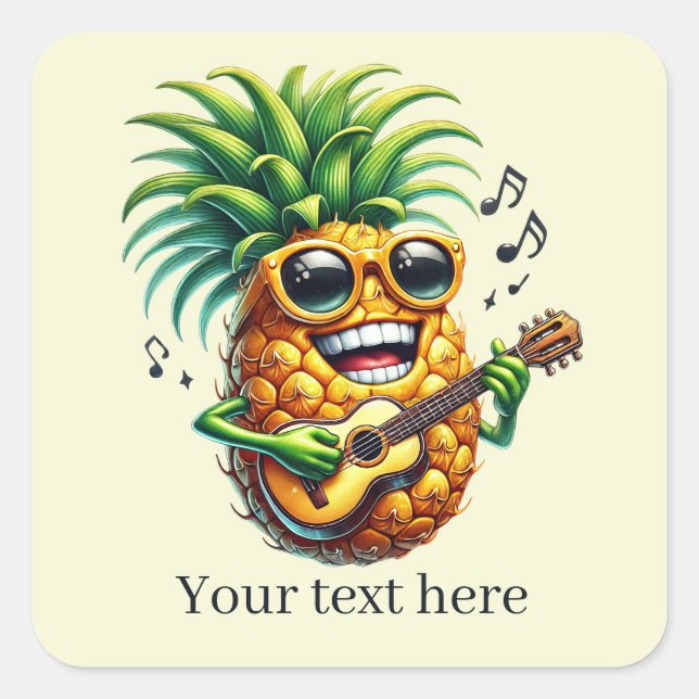 Funny music playing pineapple square sticker (Front)
