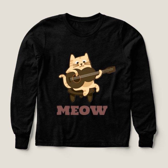 Funny Musical Cat Playing Guitar Black T-Shirt (Design Front)