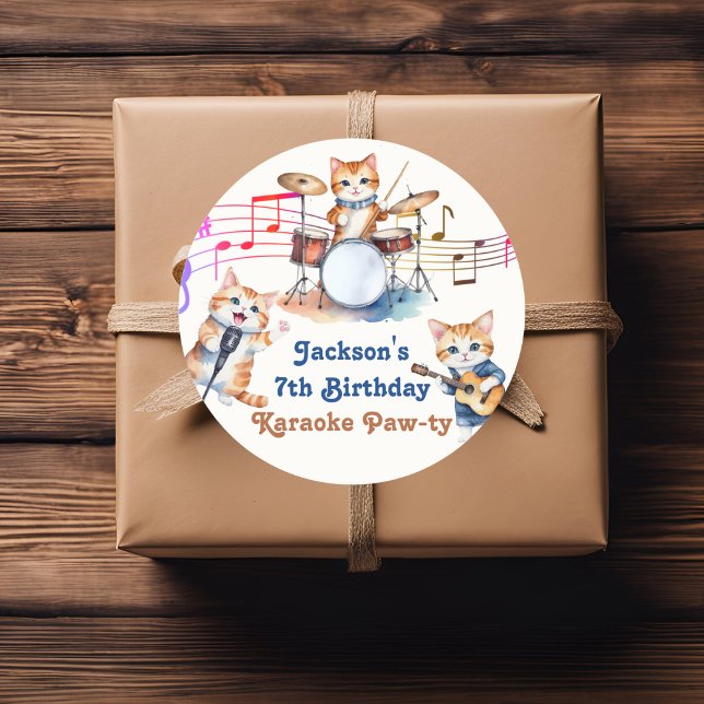 Funny Musical Cats Karaoke Kids Birthday Party  Classic Round Sticker (Creator Uploaded)