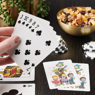 Funny Musical Clown with Dancing Children Playing Cards