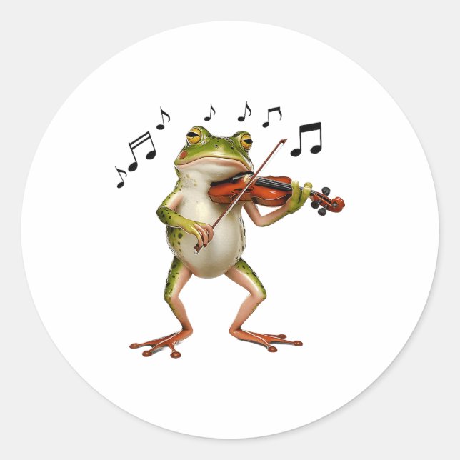 Funny Musician Violinist Cute Frog Playing Violin  Classic Round Sticker (Front)
