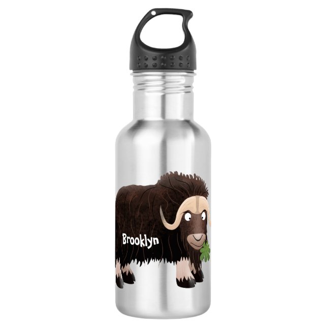Funny musk ox cartoon illustration 532 ml water bottle (Front)