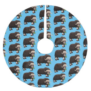 Funny musk ox cartoon illustration brushed polyester tree skirt