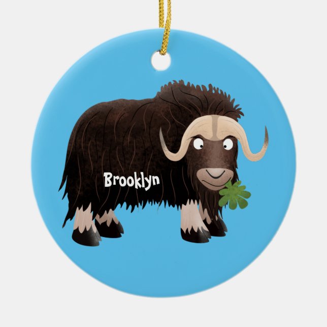 Funny musk ox cartoon illustration ceramic tree decoration (Front)