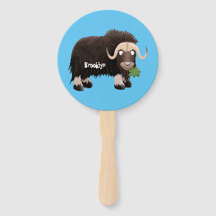 Funny musk ox cartoon illustration hand fan
