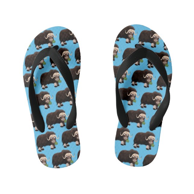 Funny musk ox cartoon illustration kid's jandals (Footbed)