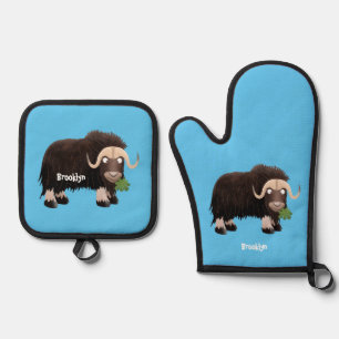 Funny musk ox cartoon illustration oven mitt & pot holder set