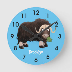 Funny musk ox cartoon illustration round clock