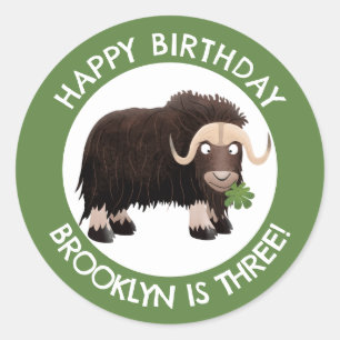 Funny musk ox cartoon personalised birthday  classic round sticker