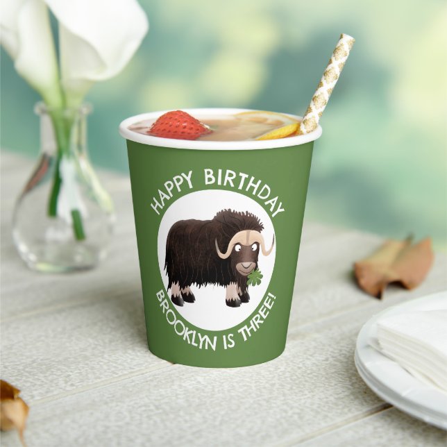 Funny musk ox cartoon personalised birthday  paper cups (Insitu)