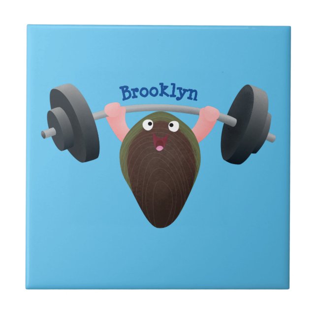 Funny mussel working out cartoon illustration tile (Front)