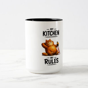 Funny My Kitchen My Rules Orange Cat with Knife Two-Tone Coffee Mug