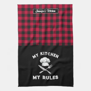 Funny My Kitchen My Rules Red Black Plaid Pattern Tea Towel