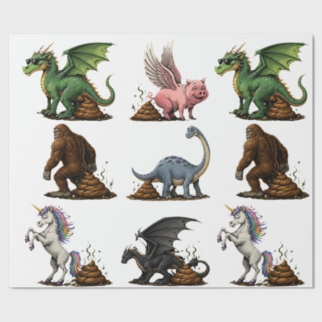 Funny Mythical Creatures Pooping Wrapping Paper (Flat)