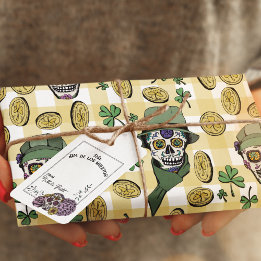 Funny n' Festive Yellow Irish Sugar Skulls & Coins Wrapping Paper