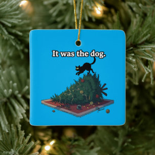 Funny Naughty Cat Blaming Dog "It was the dog" Ceramic Ornament