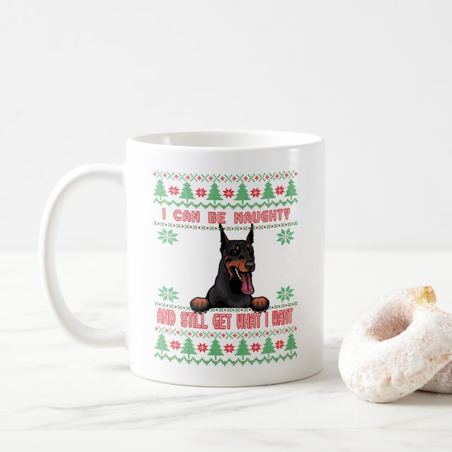 Funny Naughty Doberman Ugly Christmas Sweater  Coffee Mug (With Donut)