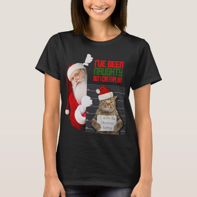Funny Naugthy Cat Stole Christmas Turkey T-shirt (Front)