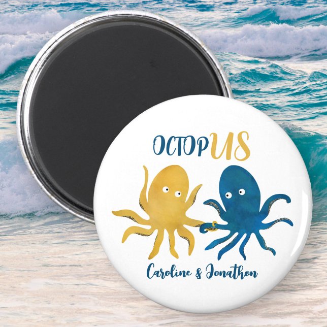 Funny navy and gold ocean octopus wedding favour magnet (Creator Uploaded)
