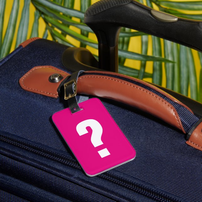 Funny neon pink question mark travel luggage tag (Front Insitu 1)