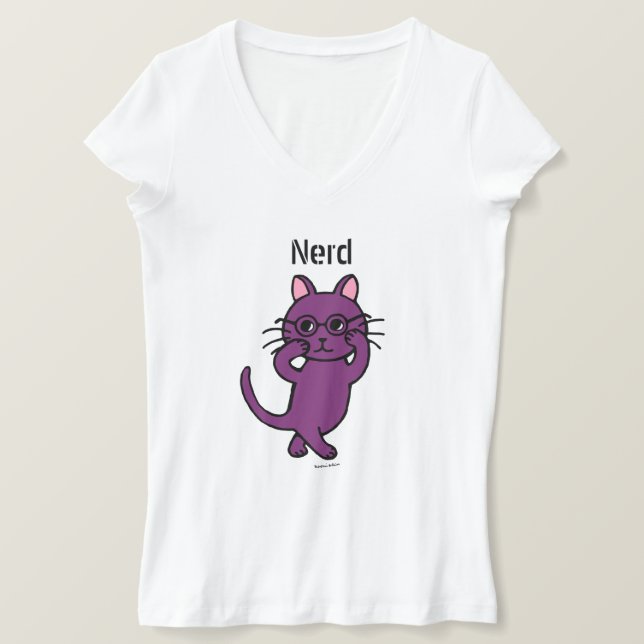 Funny Nerd Cat Cartoon T-Shirt (Design Front)