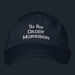 Funny New Daddy Custom Dad Last Name New Baby Embroidered Hat<br><div class="desc">Surprise the new dad (or father to be) with this cool baseball style cap that features a text design that reads "The New Daddy Morrison" (insert custom last name). Pictured above is white text on a navy blue cap but you can easily change the text and cap colours to your...</div>