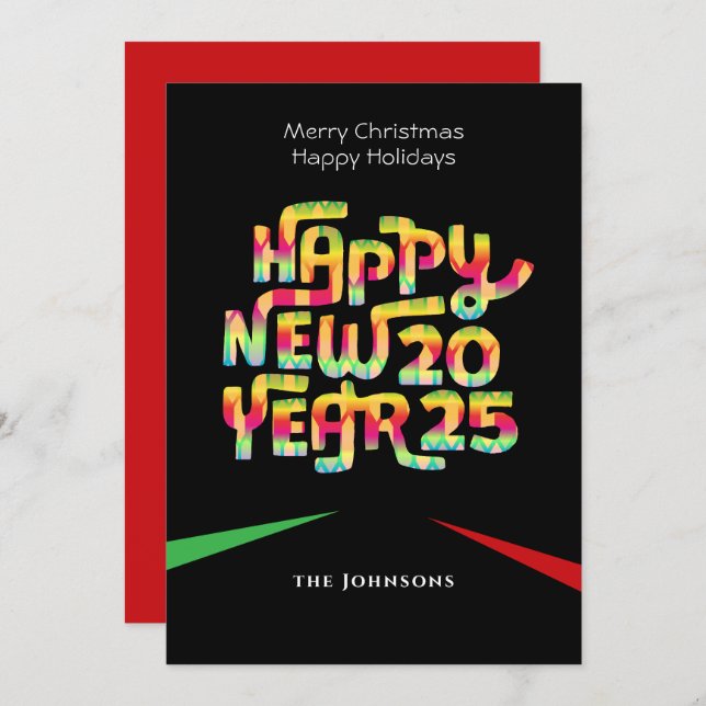 Funny New Year Colourful Modern Custom Text Black Holiday Card (Front/Back)