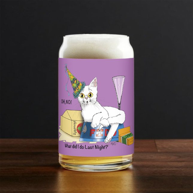 Funny New Year's Eve Aftermath White Cat Can Glass (Creator Uploaded)