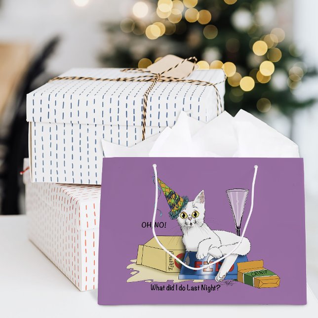 Funny New Year's Eve Aftermath White Cat Large Gift Bag (Creator Uploaded)