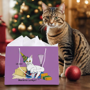 Funny New Year's Eve Aftermath White Cat Large Gift Bag