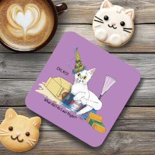 Funny New Year's Eve Aftermath White Cat Square Paper Coaster