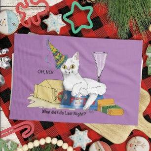 Funny New Year's Eve Aftermath White Cat Tea Towel
