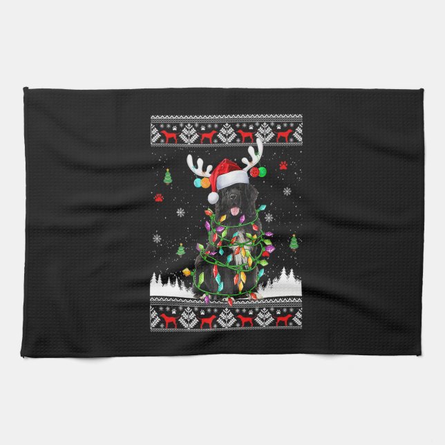 Funny Newfoundland Dog Christmas Lights Christmas Tea Towel (Horizontal)