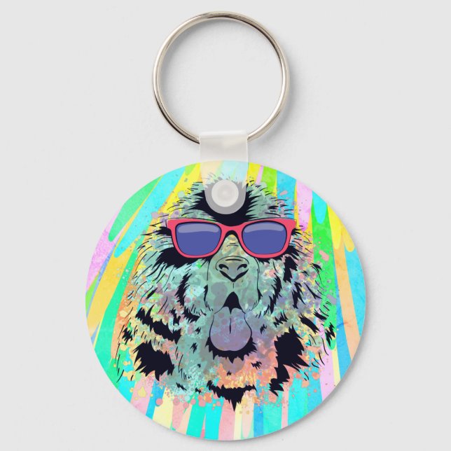 Funny Newfoundland Dog Sunglasses Design Key Ring (Front)