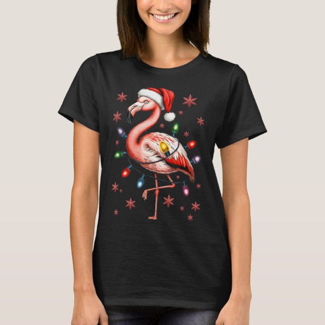 Funny Nk Flamingo Christmas Tree Lights Xmas Snowf T-Shirt (Front)