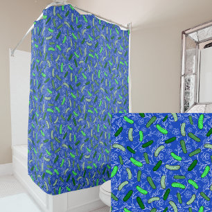 Funny Novelty Pickles and Flowers Blue Shower Curtain
