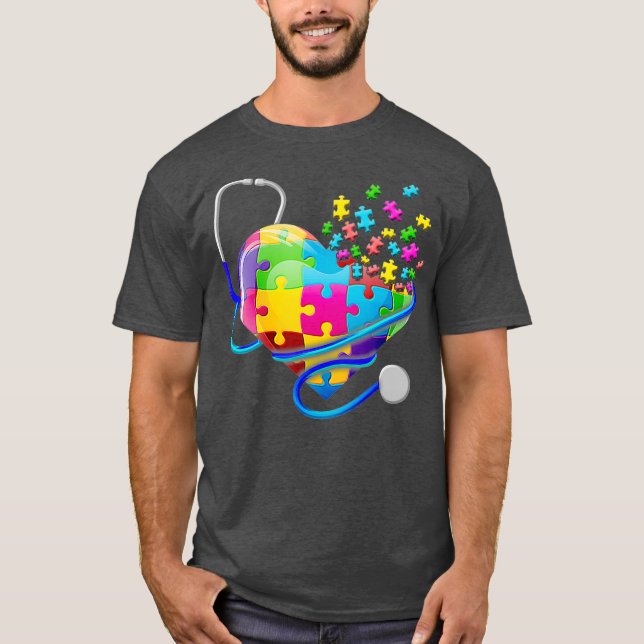 Funny Nurse Autism Puzzle Stethoscope Heart  (4) T-Shirt (Front)