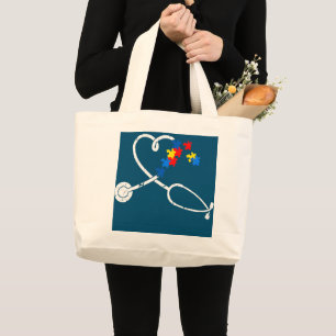 Funny Nurse Autism Puzzle Stethoscope Heart  Large Tote Bag