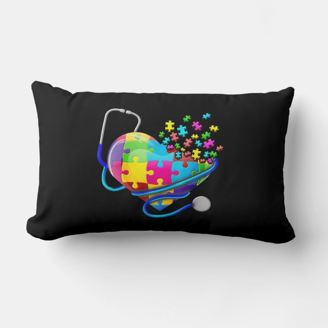 Funny Nurse Autism Puzzle Stethoscope Heart T-Shir Lumbar Cushion (Front)