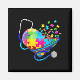 Funny Nurse Autism Puzzle Stethoscope Heart T-Shir Magnet
