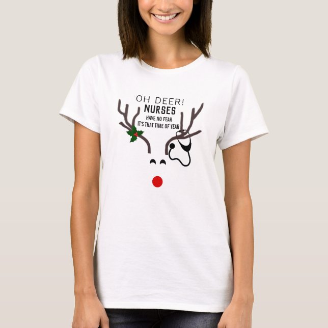 Funny Nurse Christmas Reindeer Stethoscope T-Shirt (Front)
