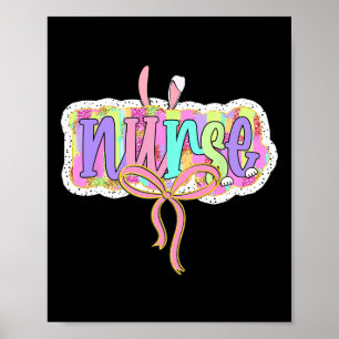 Funny Nurse Coquette Bow Brushstroke Doodle Bunny Poster