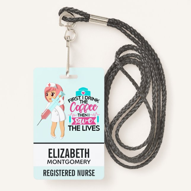 Funny Nurse Saying with Big Hypodermic Needle ID Badge (Front with Lanyard)