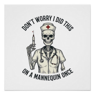 Funny Nurse Skeleton Syringe Vintage Engraving Des Poster