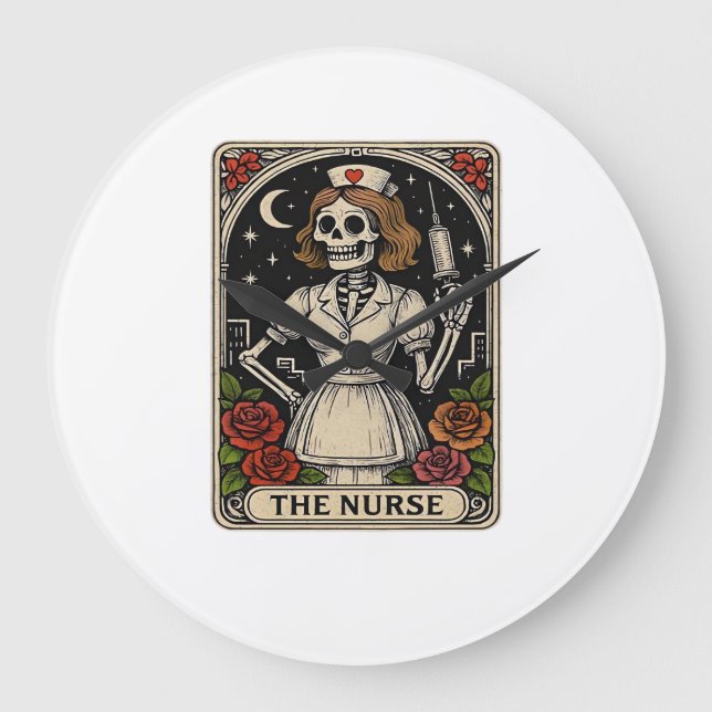 Funny Nurse Skeleton Tarot Card Halloween Nursing  Large Clock (Front)