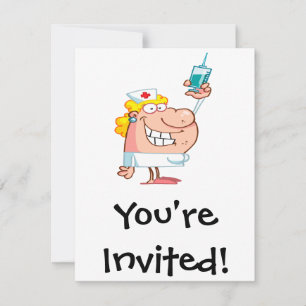 funny nurse with a syringe cartoon invitation