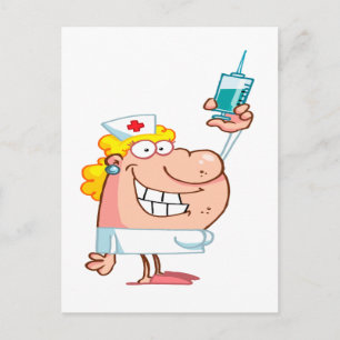 funny nurse with a syringe cartoon postcard
