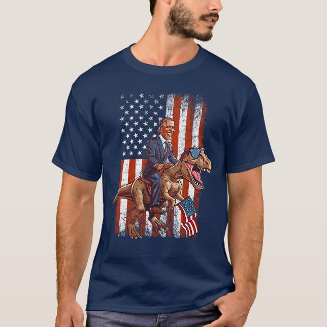 Funny Obama Riding TRex Patriotic and Sarcastic US T-Shirt (Front)