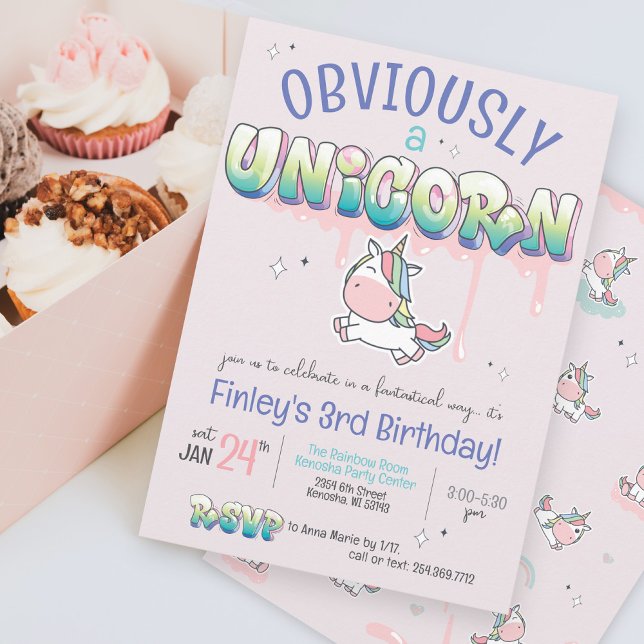 Funny Obviously A Unicorn Rainbow Girl Birthday Invitation (Cute Obviously A Unicorn funny Kawaii pink purple rainbow graffiti girly birthday party invitation)